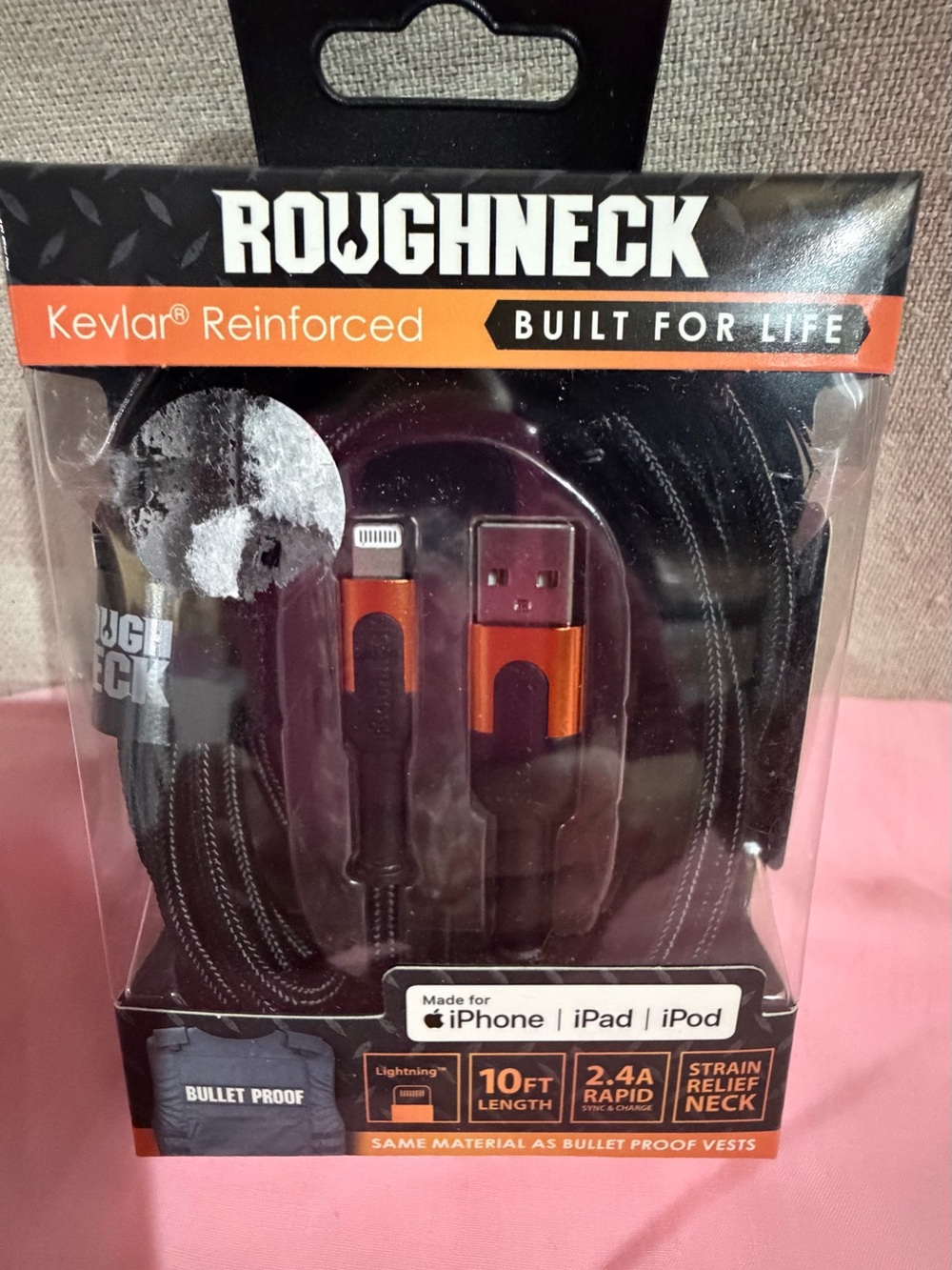 10ft Kevlar Reinforced Lightning USB Cable - Black/Orange iPad iPhone iPod